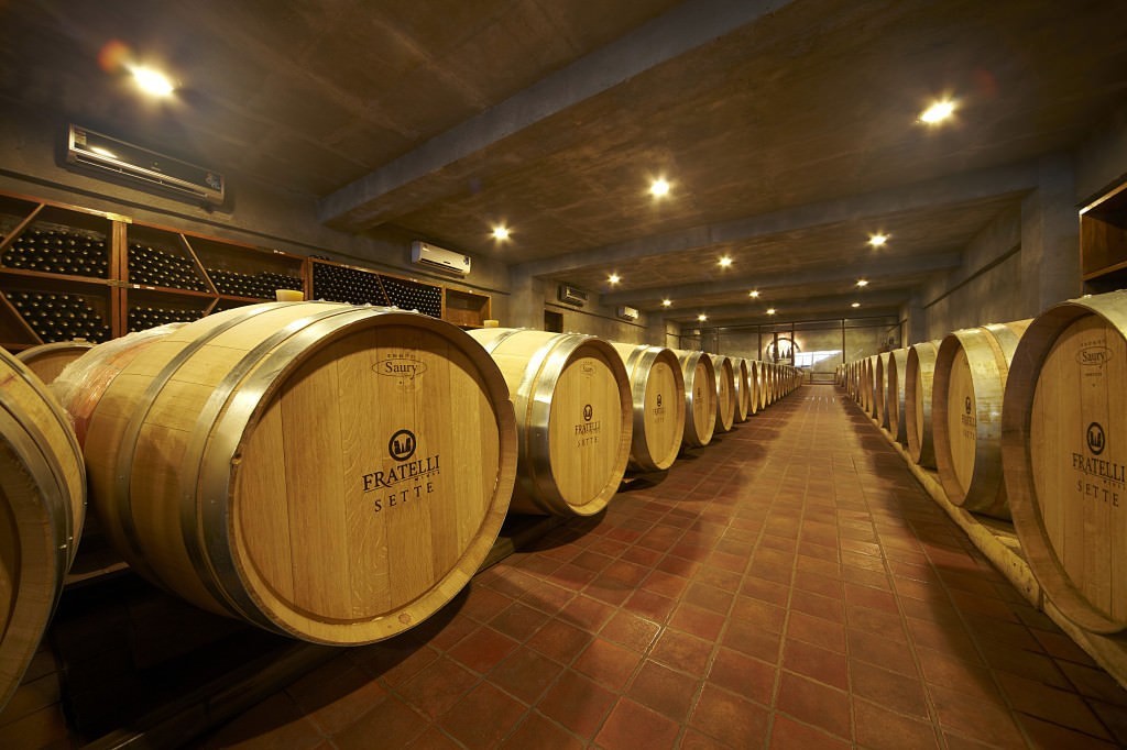 Inside the Fratelli winery, the barrels of SETTE