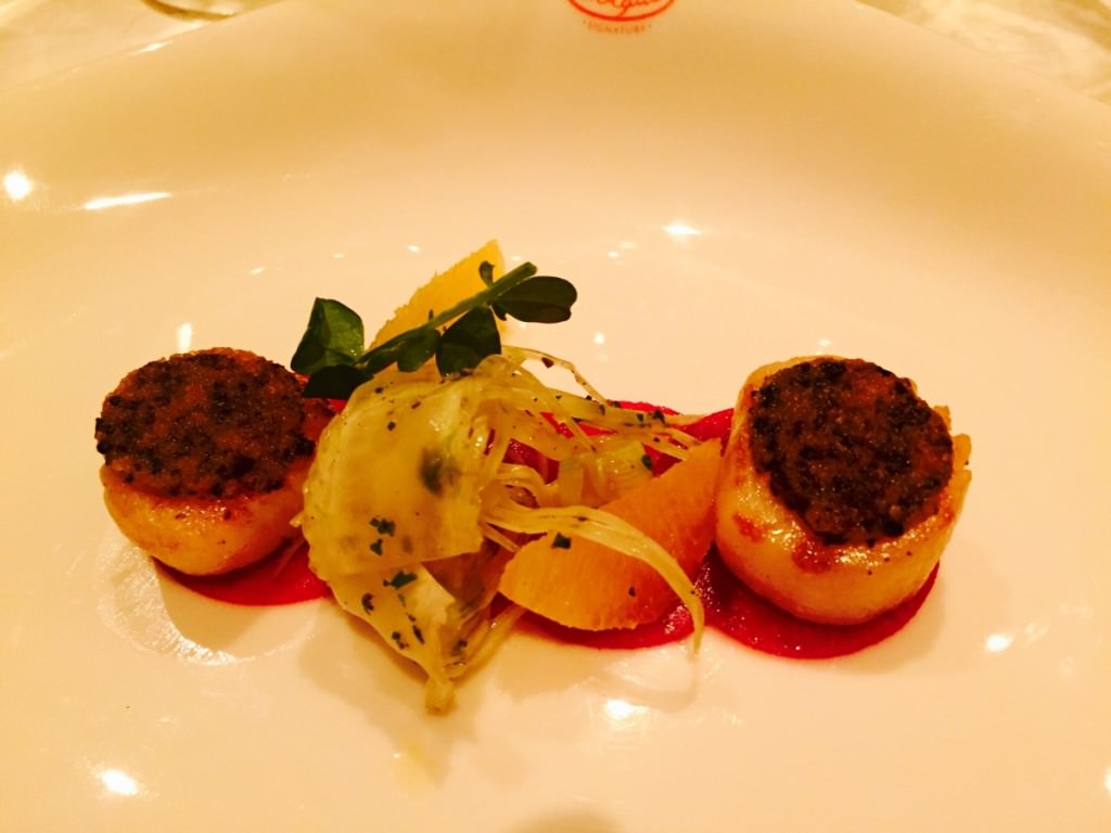 Black olive and orange crusted scallops, red beetroot carpaccio, crispy fennel salad, ginger, served with the Docetto d'Alba 2014